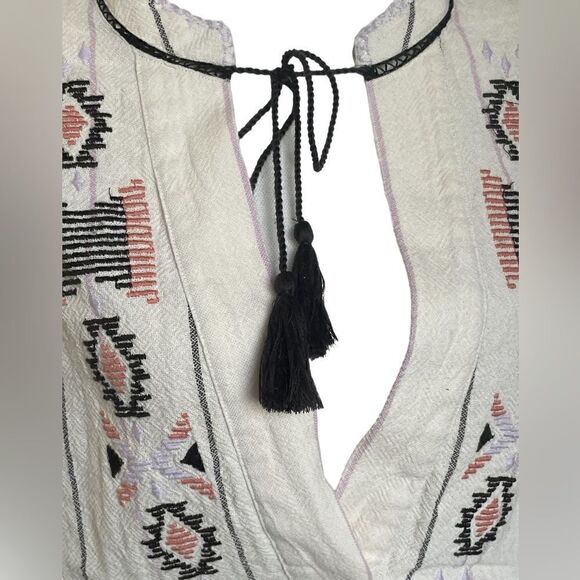 Free People Baja Boho Aztec Embroidered Crean V Neck Romper Size S/P - Picture 2 of 13